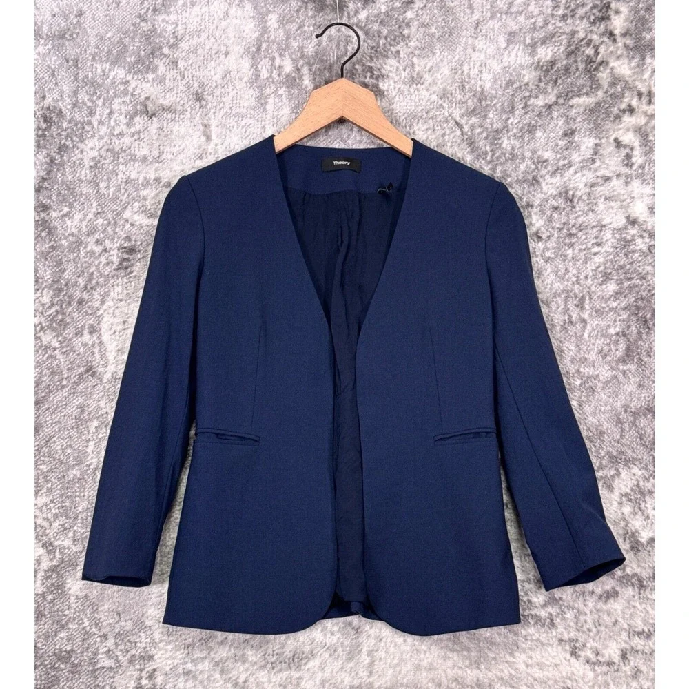 Theory Jacket 0 Womens Lindrayia Blue Stretch Wool Open Blazer Career Wear